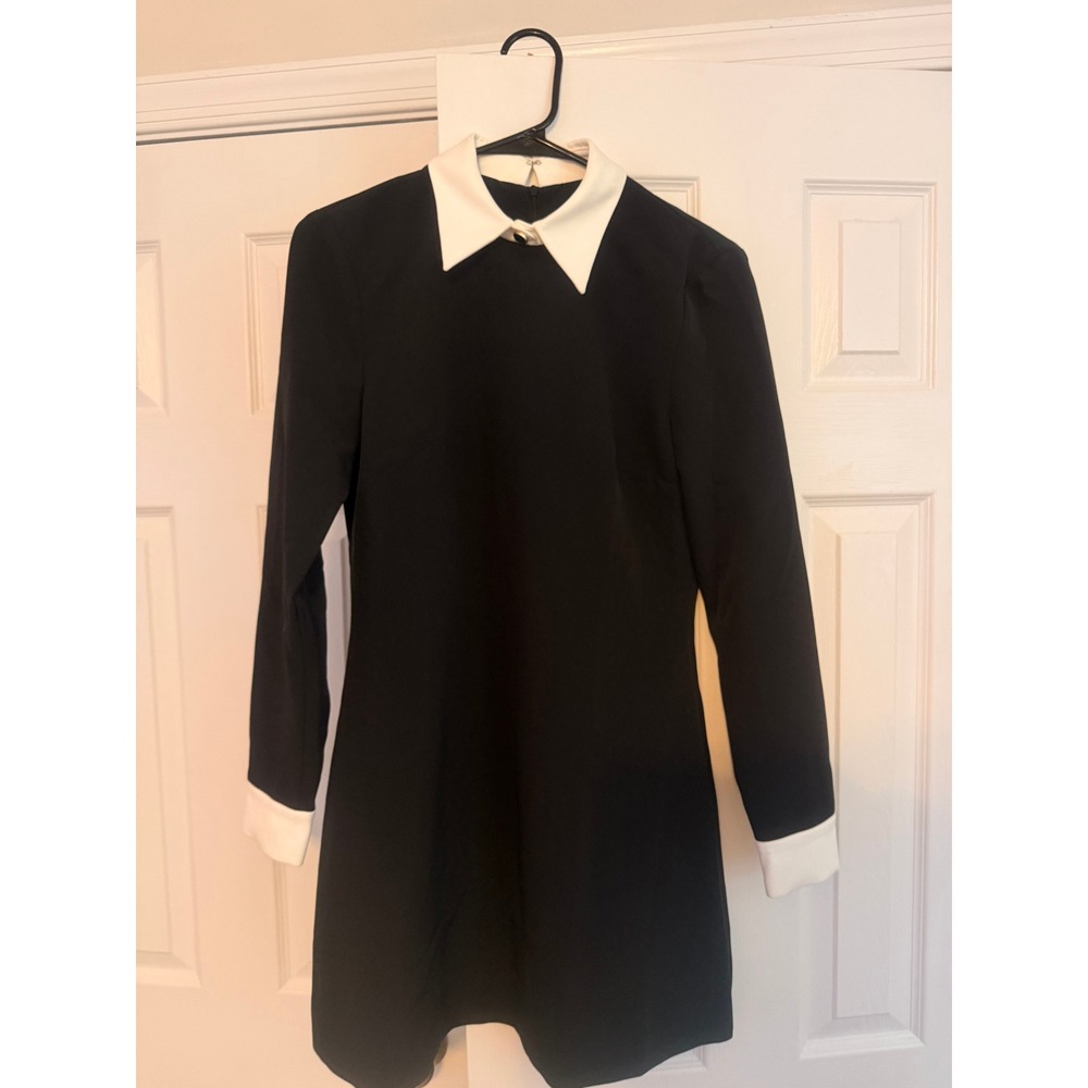 French Connection Womens Black White Contrast Collar Long Sleeve Mini Dress Sz 2
